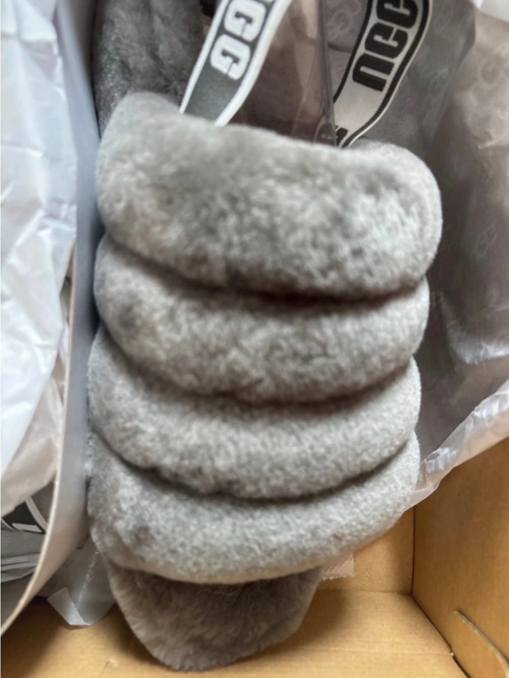 UGG Gray Plush Shearling Slide with Branded Elastic Strap - Picture 2 of 8